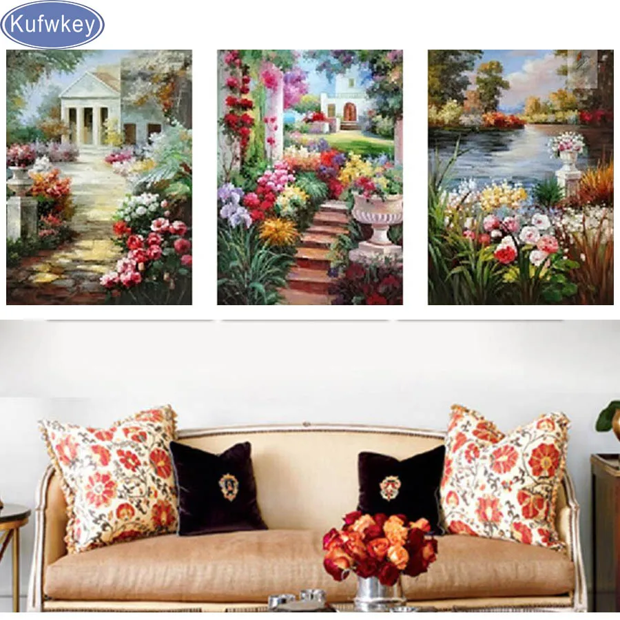 

3 pcs Mediterranean 5d Diamond embroidery triptych Garden villa Diy diamond painting full square diamond mosaic home decorative