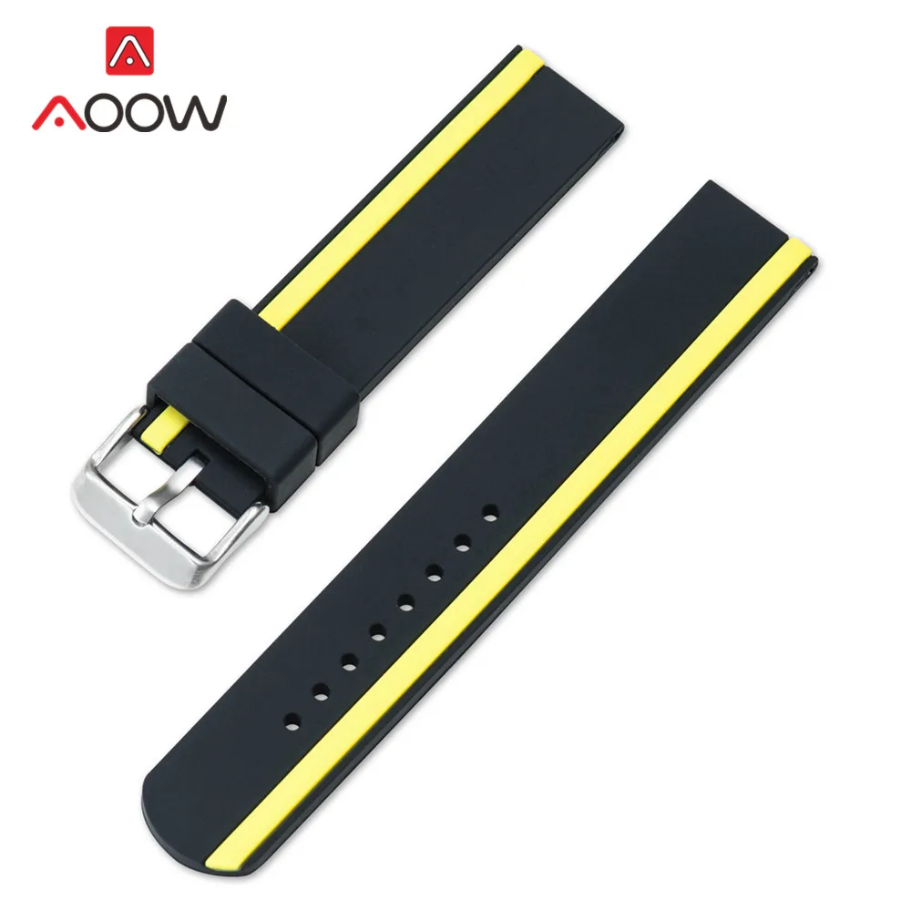 Black Yellow Силиконовый ремешок для часов 20 мм 22 мм 24 мм резиновый ремешок для мужчин и женщин спортивный водонепроницаемый браслет аксессуары для часов Пряжка из нержавеющей стали - Цвет ремешка: Black Yellow