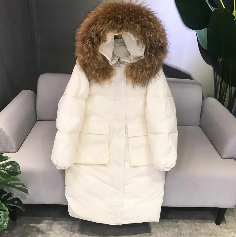 Зимняя женская куртка, 90% белый утиный пух, парка, большой воротник из натурального меха енота, куртка с капюшоном, пальто для женщин, длинное Свободное пальто - Цвет: Бежевый