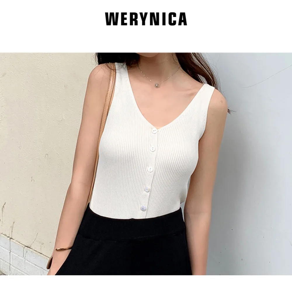 

Werynica Women Button Tank solid Stitching V-neck Camis Female Knitted Short Slim Sleeveless Shirt Tank Casual Tops
