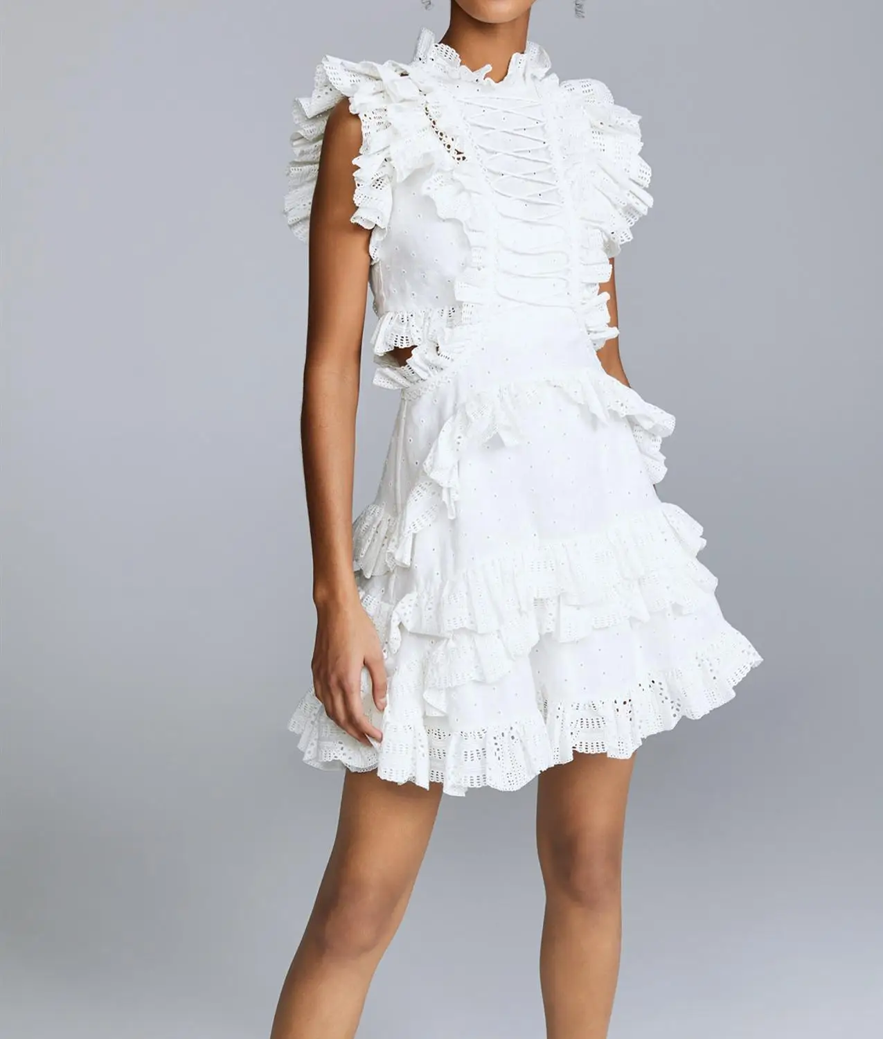 

2019 summer women White hollow lace tied dress high collar holiday dress