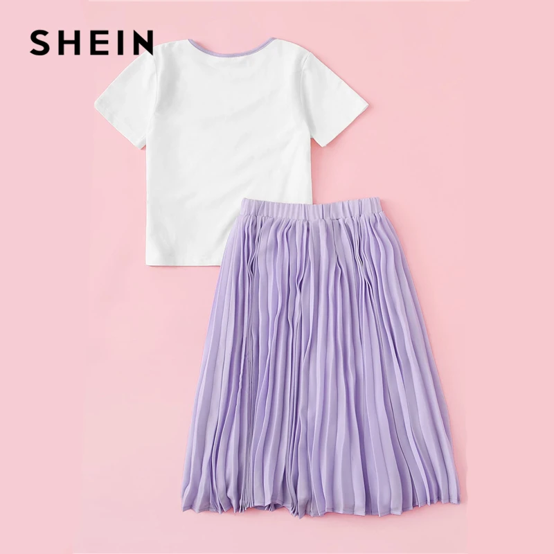 SHEIN كيدي شيفرون المحملة و مرونة الخصر مطوي تنورة المراهقات الملابس اثنين من قطعة مجموعة 2019 الصيف عارضة ملابس أطفال