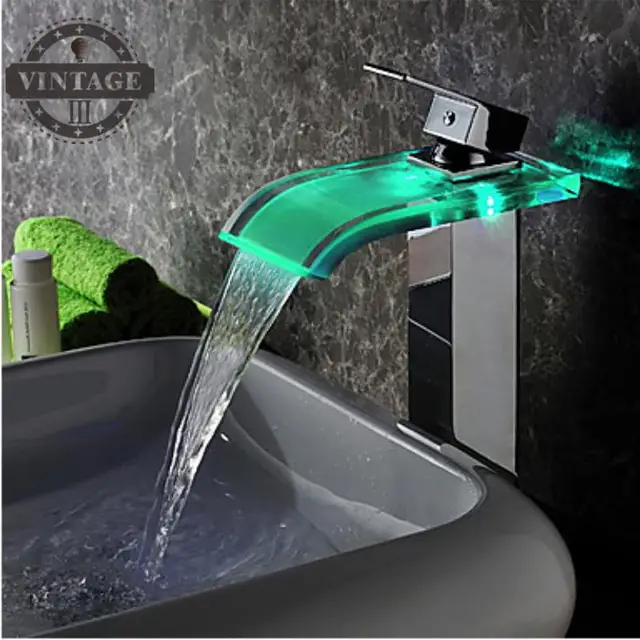 3 colors LED Change Glass Hot/Cold water LED Bathroom Basin Faucet
