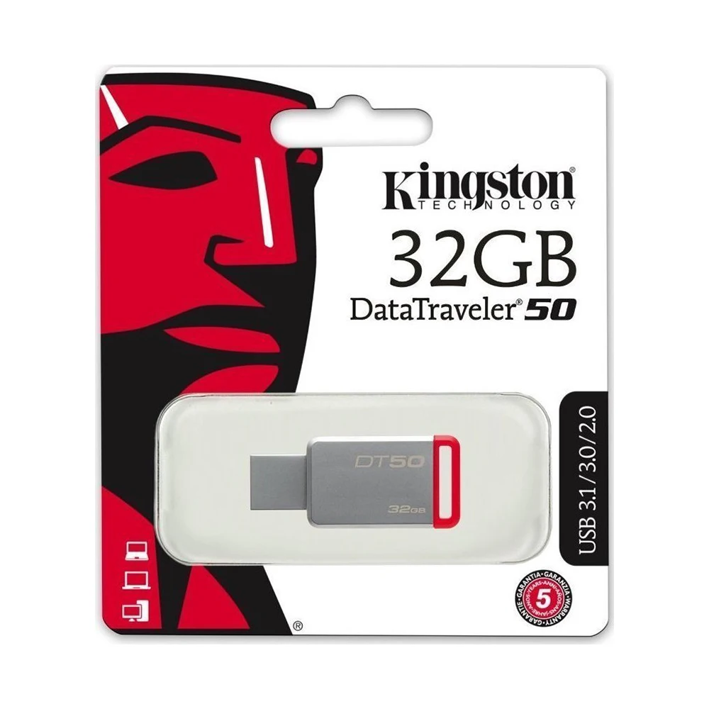 Kingston DataTraveler DT50 32 GB-Memoria USB (USB 3,0 DE 32 GB USB tipo-A tipo Llave) Color Plata y Rojo