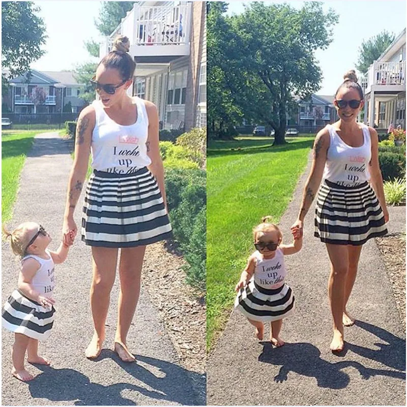 Mommy-and-me-clothes-2pcs-Set-Letter-Family-t-shirt-Striped-Skirt-Mom-and-daughter-dress (6)