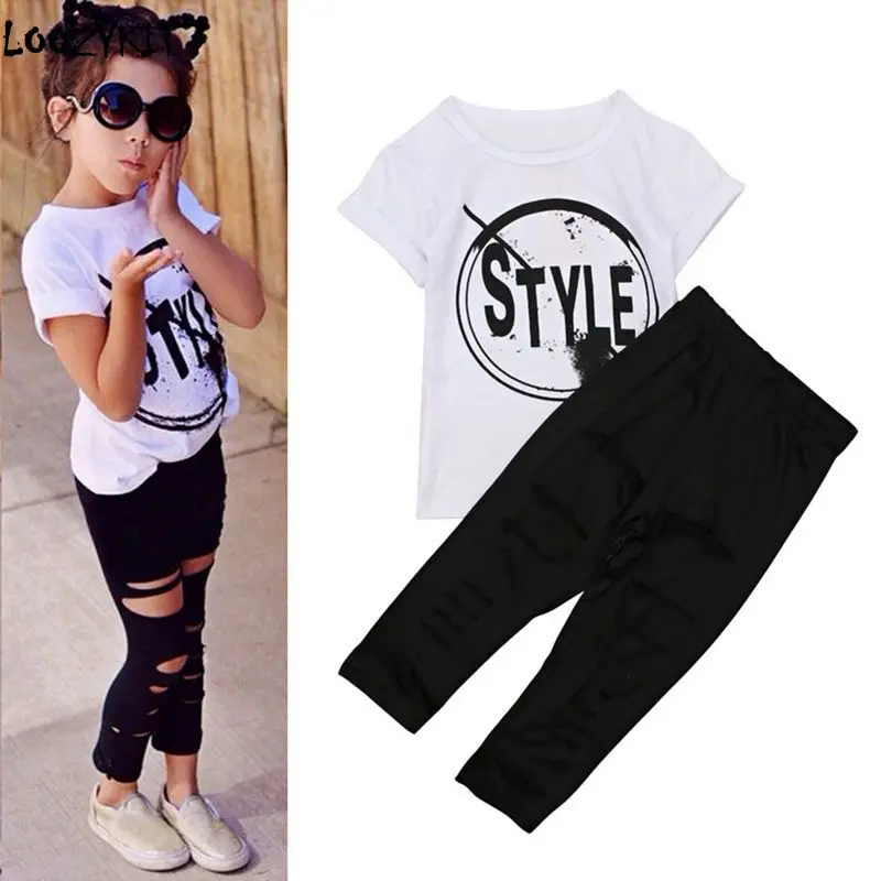 

Loozykit Kids Girl Clothes Set Baby Girl Summer Short Sleeve Print T-Shirt+ Hole Pant Leggings 2Pcs Outfit Children Clothing Set