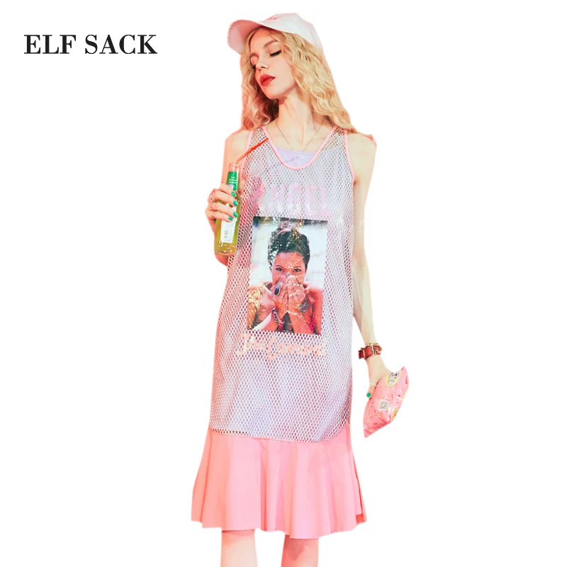 

ELF SACK Summer Mesh Hollow Out Long Dresses Female Two Pieces Long Tanks with Sleeveless Ruffle Print Dress Set