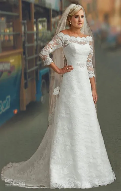 Vintage Wedding Dresses 3 4 Length Sleeves Off the Shoulders