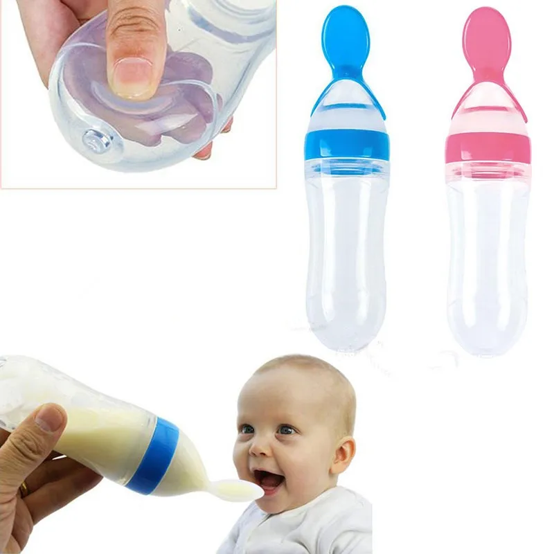 

90ml Infant Baby Silica Gel Feeding Bottle With Spoon Newborn Toddler Food Supplement Rice Cereal Bottles Milk Feeder 3 Colors