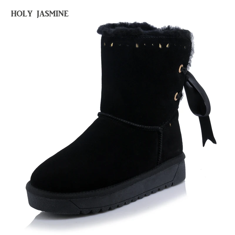 

real sheepskin leather suede winter snow boots for women sheep fur natural wool lined winter shoes high quality black 34-43
