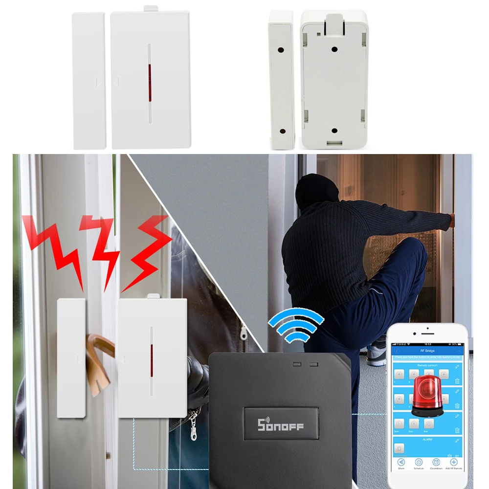 

Wireless Window Door Alarm Magnet Sensor SONOFF 433Mhz Detector for Home Security Voice Burglar Alert System