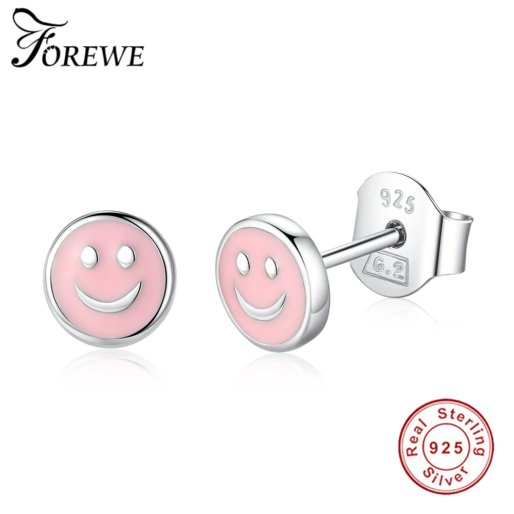 

FOREWE 3 Color Enamel Smile Face Stud Earrings Silver 925 Small Earring for Women Girls Sterling Silver Jewelry Birthday Gift
