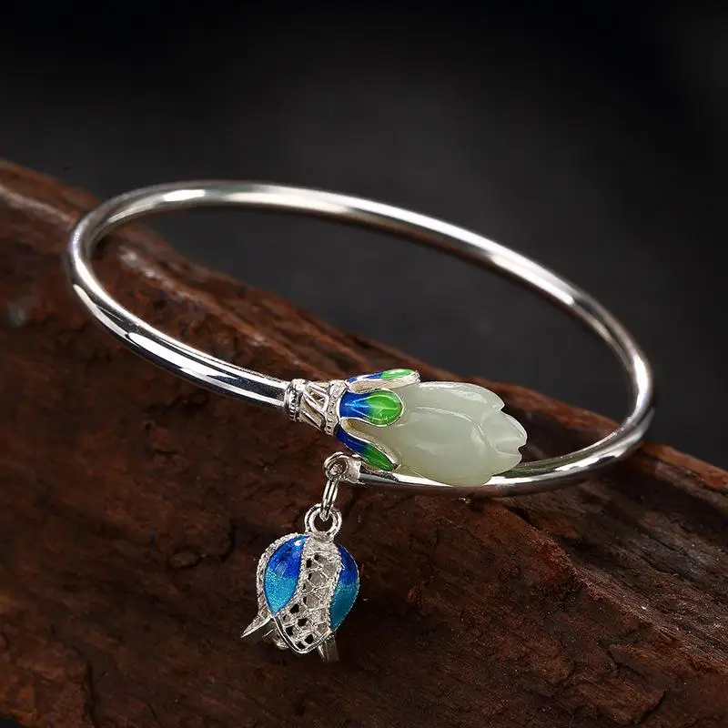 Браслеты и браслеты подлинное серебро 925 ювелирные изделия натуральный нефрит Выгравированный цветок магнолии перегородчатая эмаль процесс открывания типа - Цвет камня: Jade