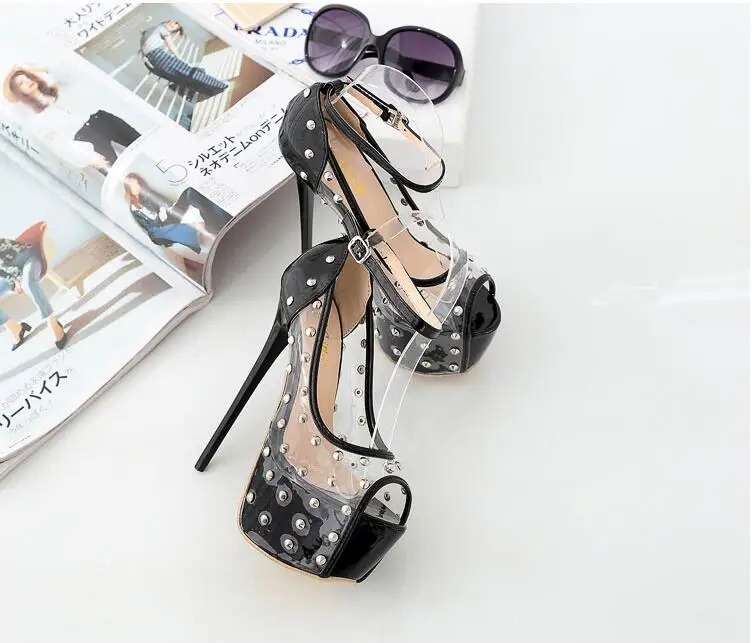 DijiGirls new Fashion Transparent Sexy Rivet 16 Open Toe High Heels pvc clear crystal transparent ultra very high heel shoes box