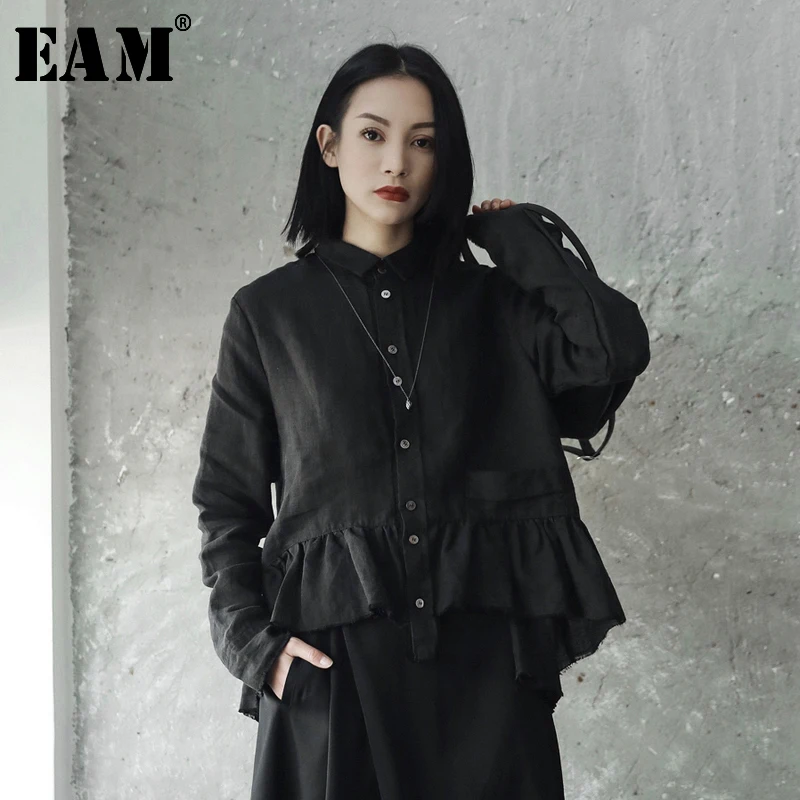  [EAM] New 2020 Autumn Winter Lapel Long Sleeve White Lays Ruffles Split Joint Loose Shirt Women Blo