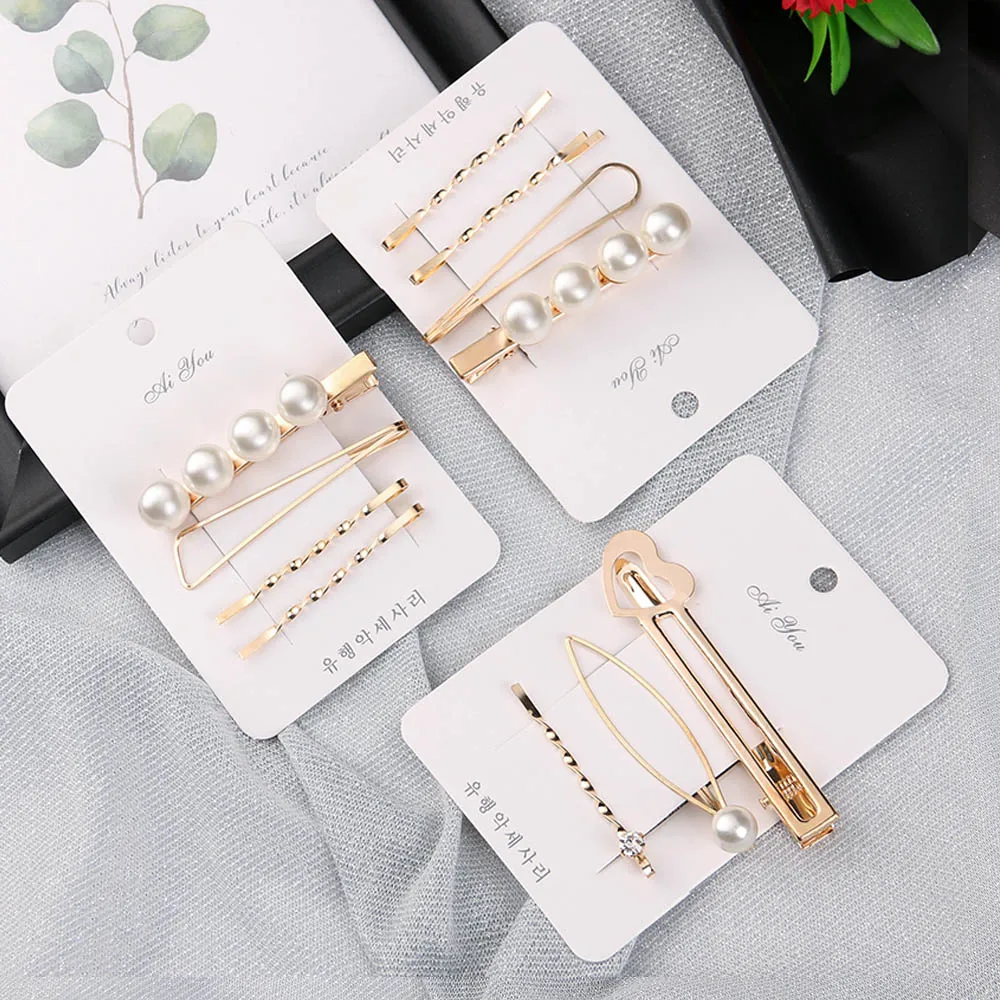 

1 Set Gold Color Minimalist Metal Hair Clip Geometric Irregular Hairclips Imitiation Pearl Korea Hairpin Barrettes Hairgrip