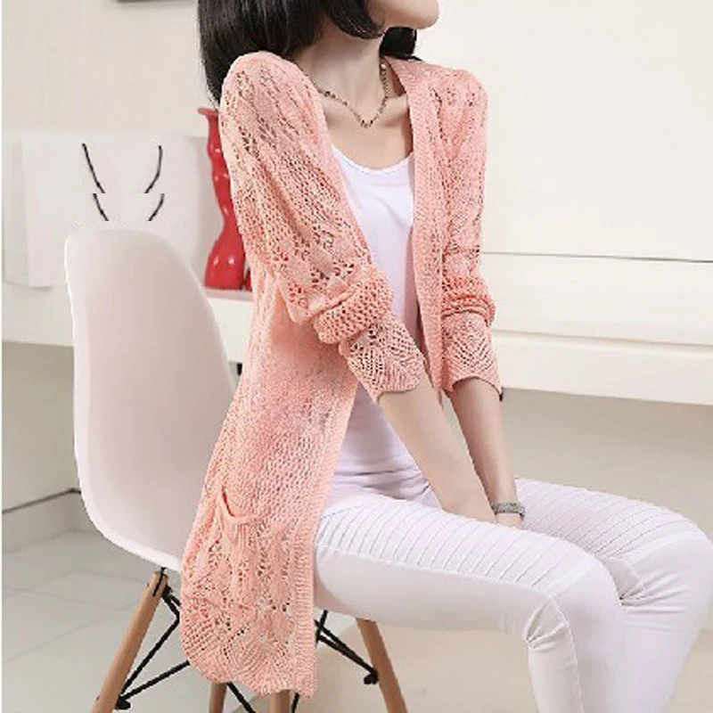 Spring And Summer Women Long Knitted Hollows Sweater Thin Cardigan Lolita Style Open Stitch Feminina Sueter Mujer |
