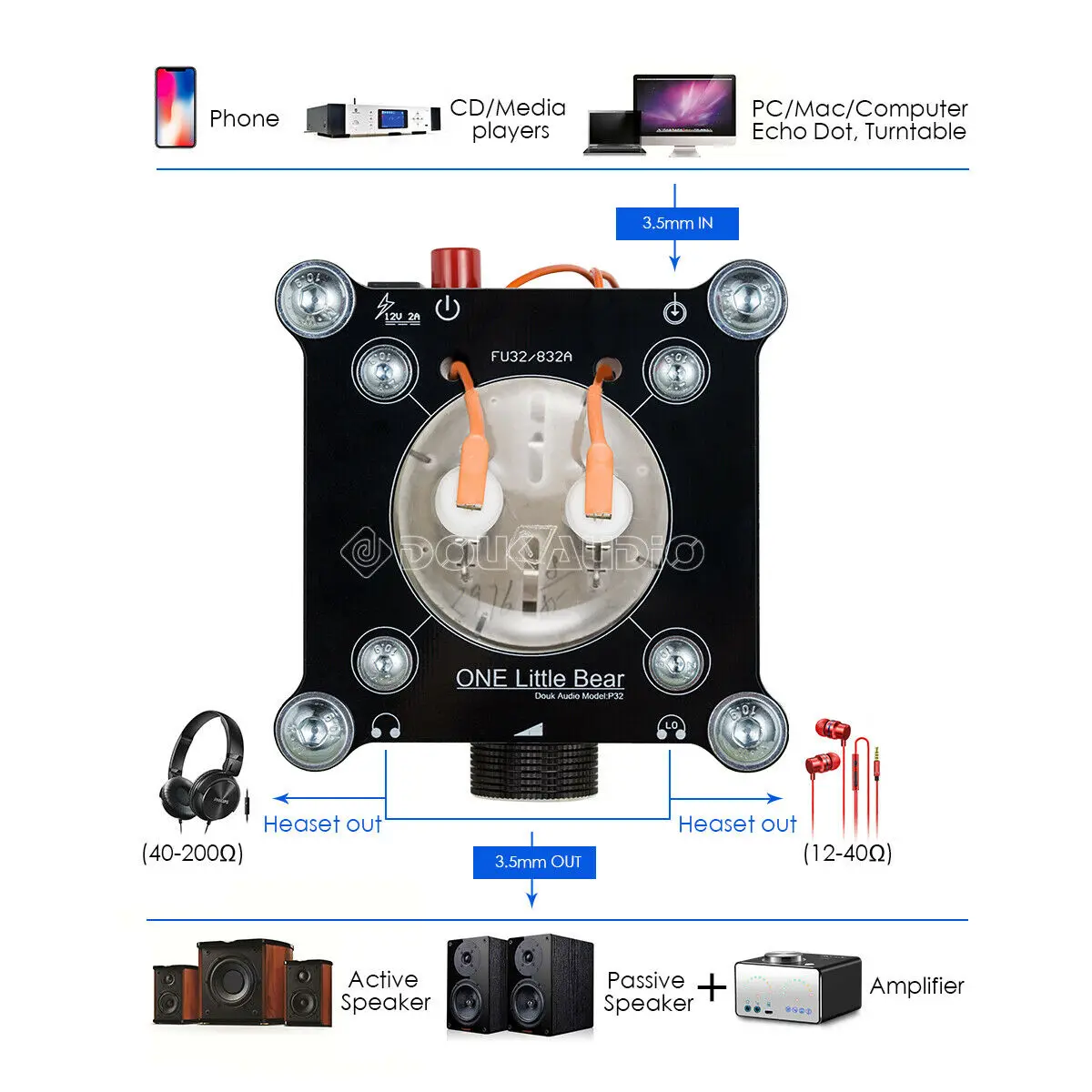 Мини FU32(832A) клапанная трубка усилитель для наушников Hi-Fi Стерео предусилитель Настольный усилитель