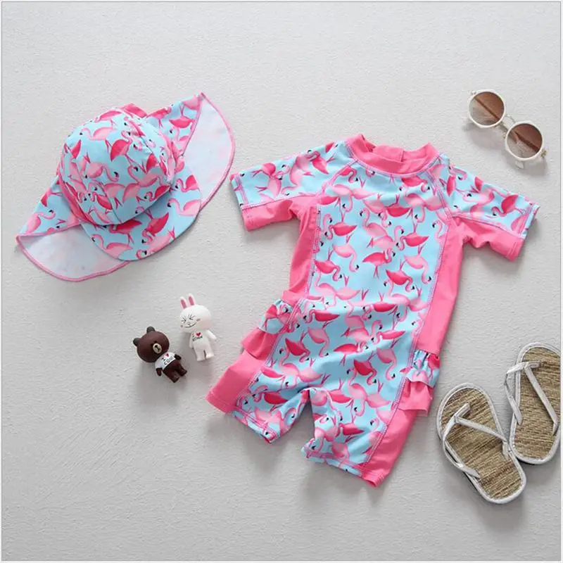

Ins New Girl Baby Flamingos Swimsuit Anti Ultraviolet Cute Children Sunscreen Surfing Suit One Pieces For 1-6-year Baby Girls