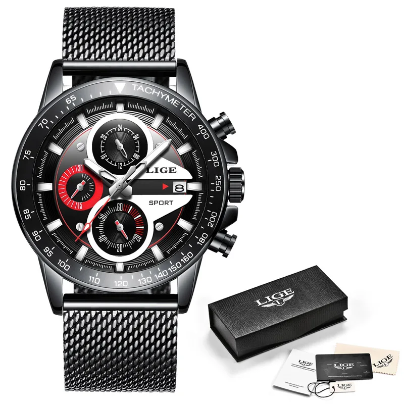 Reloj hombre LIGE Официальный магазин Топ бренд Мода Новые мужские водонепроницаемые часы наручные, кварцевые часы светящийся хронограф - Цвет: All black