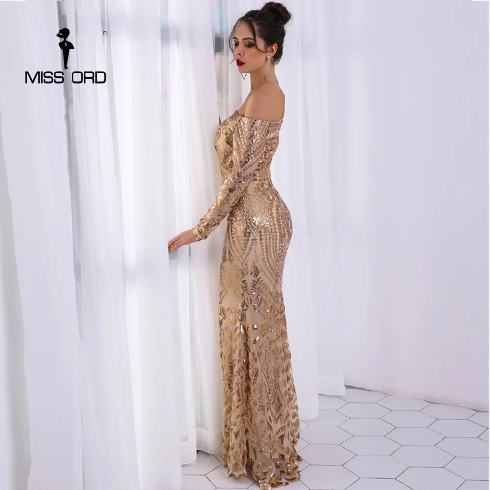 Missord Сексуальное Платье макси с вырезом лодочкой и длинным рукавом с блестками FT8249-1