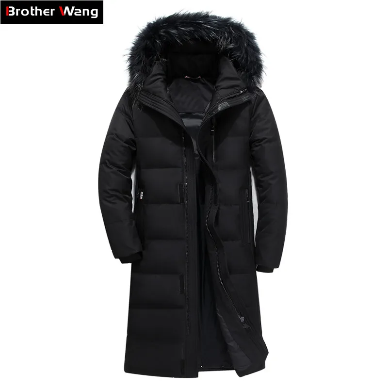 Зимний мужской удлиненный пуховик с меховым воротником и капюшоном, уплотненный теплый пуховик белого цвета на утином пуху, мужской пуховик размера плюс 5XL 6XL, брендовая одежда
