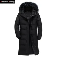 Зимний мужской удлиненный пуховик с меховым воротником и капюшоном, уплотненный теплый пуховик белого цвета на утином пуху, мужской пуховик размера плюс 5XL 6XL, брендовая одежда