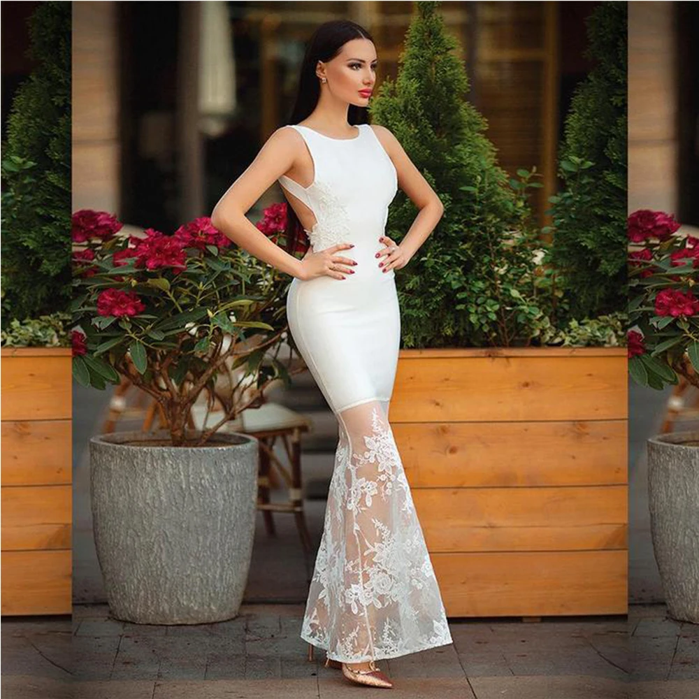 Ocstrade, высокая мода, новое женское белое Бандажное платье, сексуальное Макси Бандажное платье с открытой спиной, длинное облегающее кружевное вечернее платье