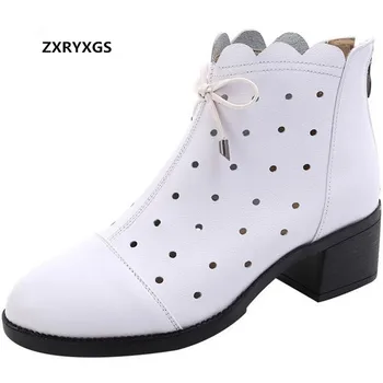 

High End Spring Summer Women Boots Fashion Shoes 2019 Plus Size Breathable Genuine Leather Shoes Martin Boots Thick High Heels