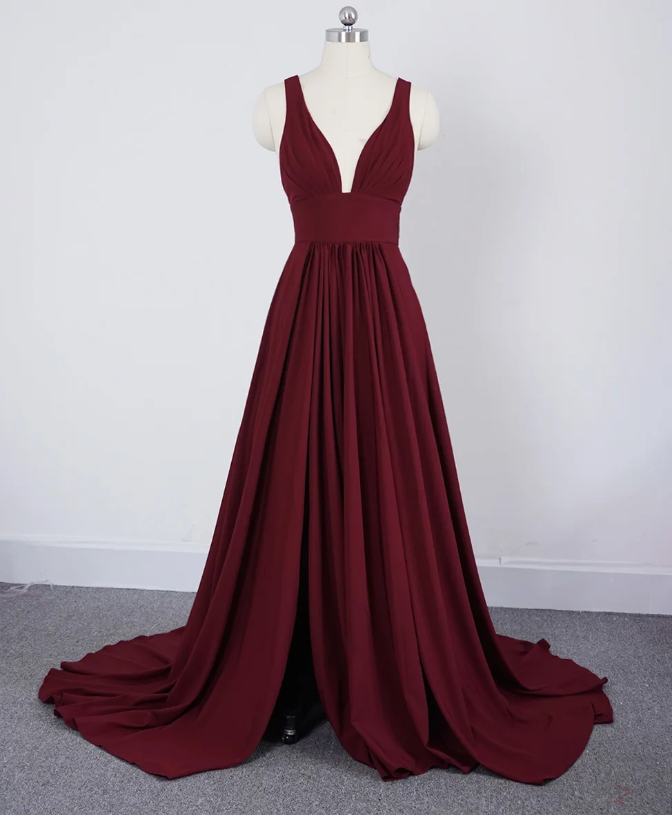 

long Burgundy Bridesmaid Dresses V Neck Wedding Party Dress for Women 2019