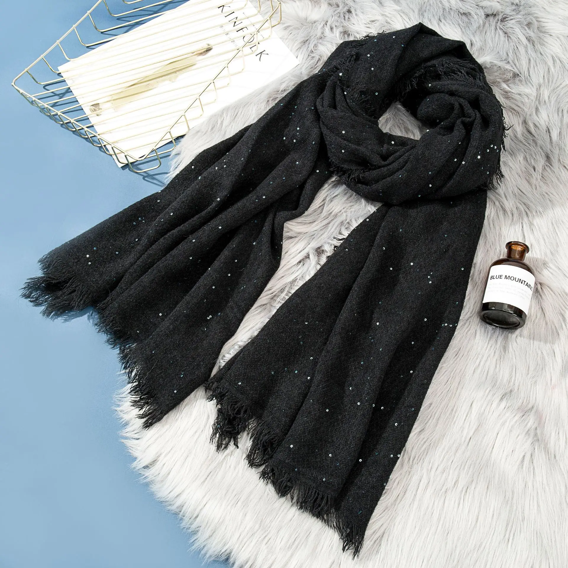 Новый Модный мягкий шарф с блестками Женские однотонные шарфы кисточками