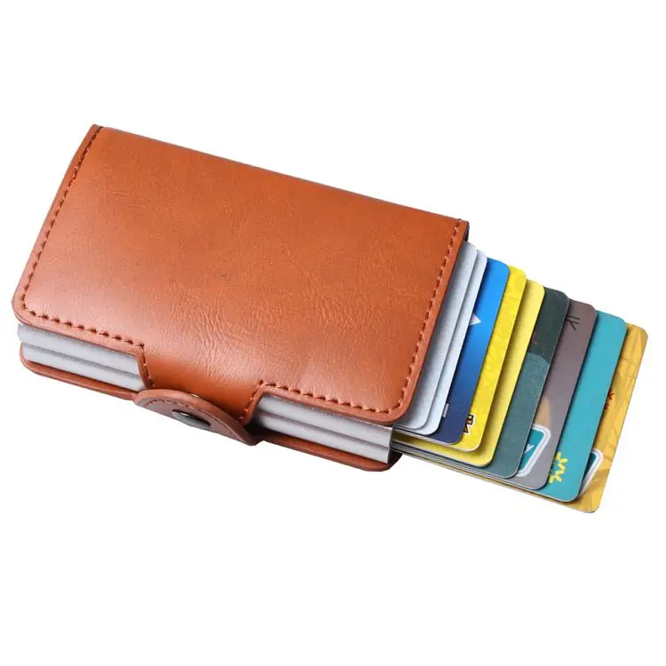 Двойной слоев Анти RFID Для мужчин кожаный держатель кредитной карты Металл ID Card Case Алюминиевый Защита карты мужской путешествия кошелек