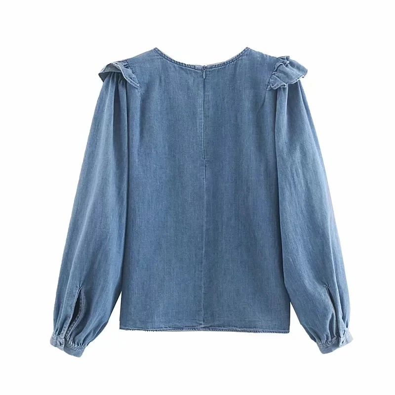  Withered england denim blusas mujer de moda 2020pullovers ruffles o-neck regular solid kimono denim