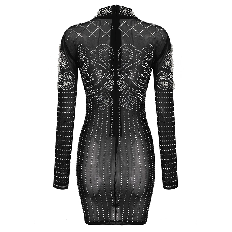 Высокое качество черное с длинным рукавом Mantual Бисероплетение открытое облегающее платье Коктейльная вечерние облегающее платье