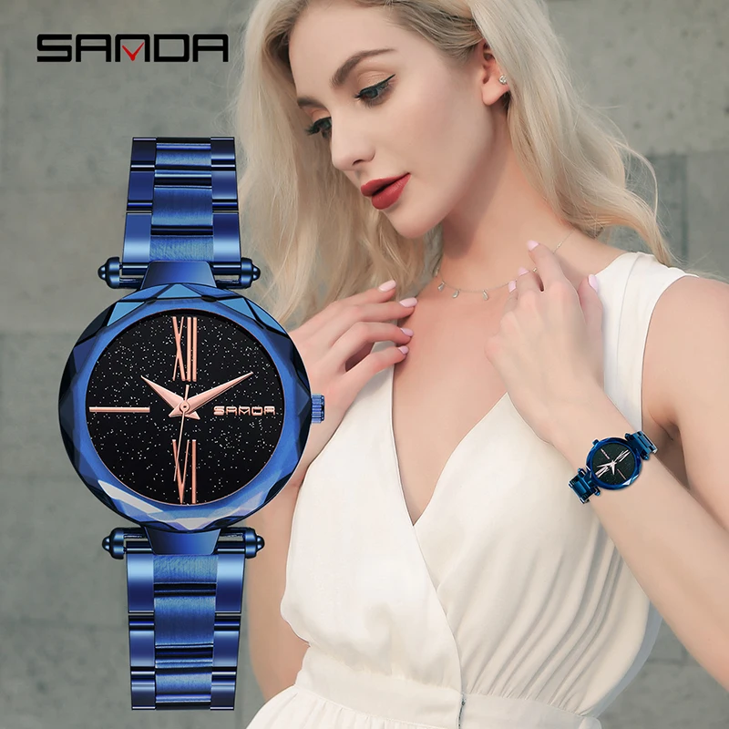 

Sanda NEW Women's Watches Fashion Stainless steel strap Watchs Women Simple and stylish Clock Zegarek Damski Star dial reloj