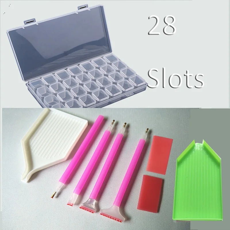 

28 Grid Diamond Embroidery Box,Crystal Pen,Glue,Plastic Tray Diamond Painting Accessories Storage Boxes Cross Stitch Tools RB04