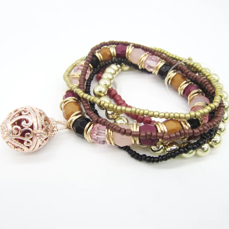 

New Multi Strands Seed Bead Faceted Acrylic Beads with DIY Locket Box Felt Ball Ethnic Essential Oil Women`s Diffuser Bracelet