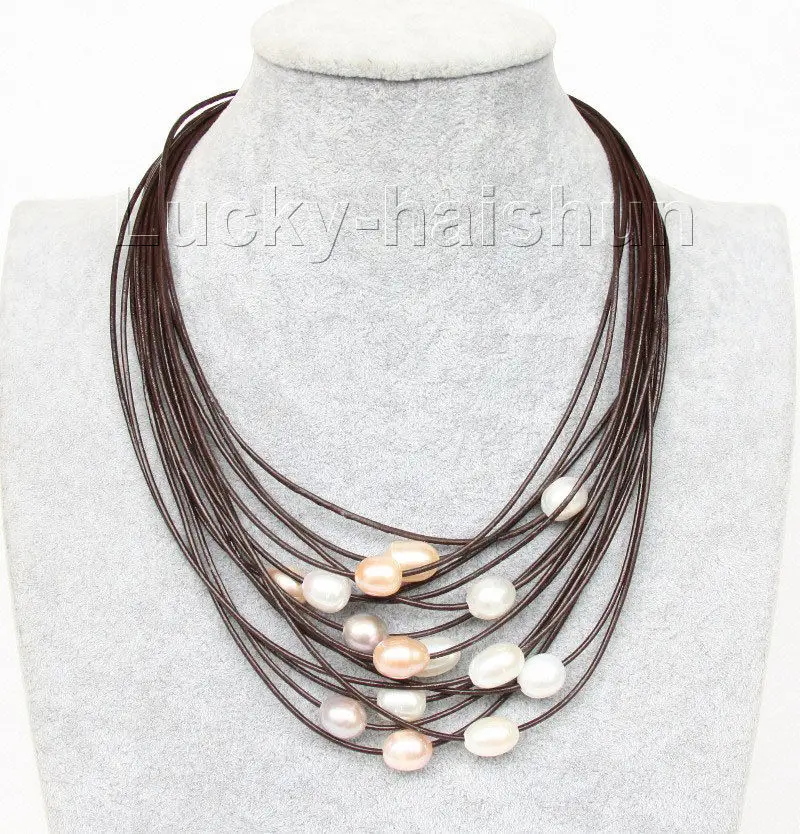 

Free Shipping>> new hot 17"-24" 13mm 15row white pink purple pearls wine red leather necklace j9635