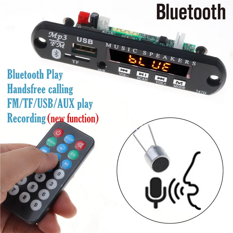 Поддержка записи Bluetooth Handsfree автомобильный комплект Mp3 плеер FM радио TF AUX USB беспроводной стерео приемник Mp3 декодер доска