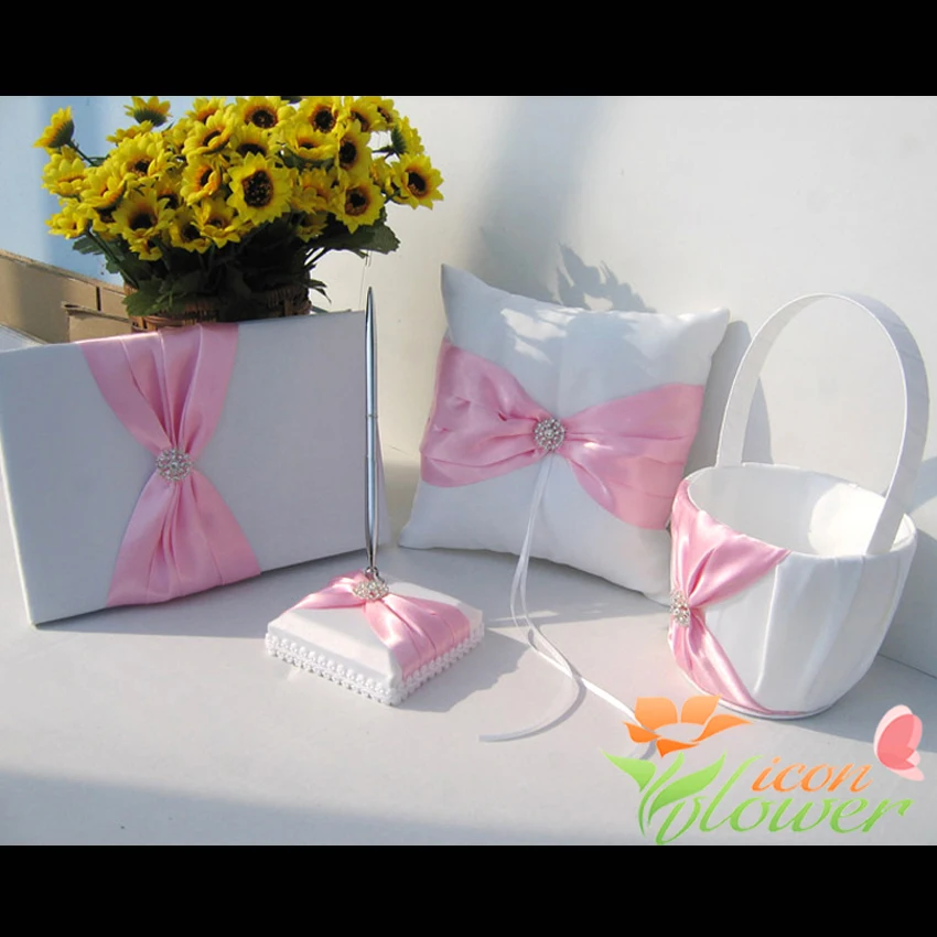 4pcs/set Pink Satin Crystal Wedding Ring Pillow Guest Book +pen Set