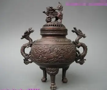 

Chinese Art Bronze Foo Dog Binaural Dragon Lion censer