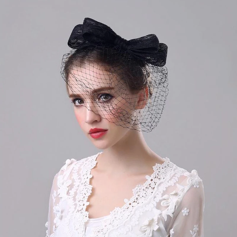 Classic Black Ivory Bow Fascinator Veil Women European Vintage Bride