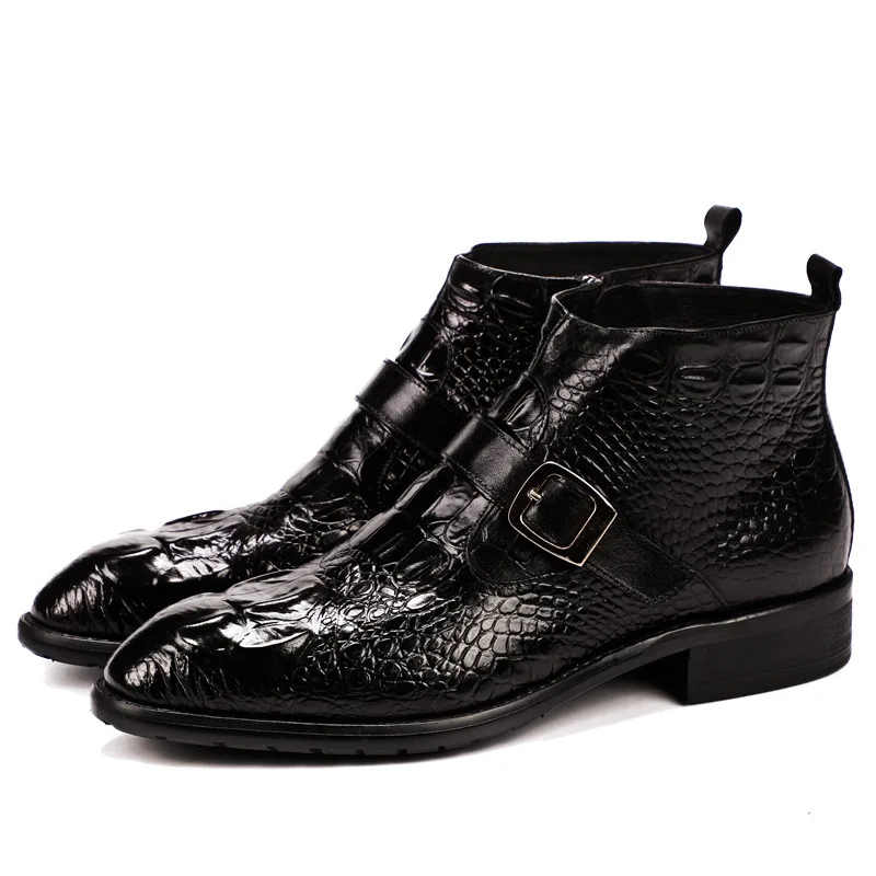 QYFCIOUFU/роскошные мужские дизайнерские ботинки; Мужская обувь; итальянская обувь из натуральной кожи высокого качества; коровья кожа; с застежкой; с узором «крокодиловая кожа»; ботильоны - Цвет: Черный