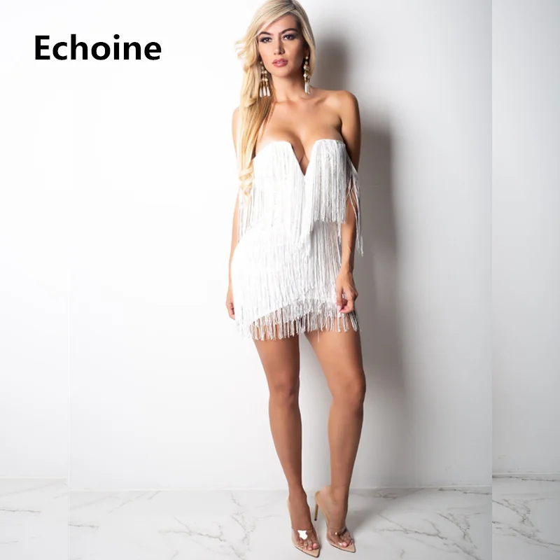 

Women Tassel Strapless Off Shoulder Dress Sexy Mini Dress Elegant Party Vestidos Club Outfit Backless Dresses Robe Femme