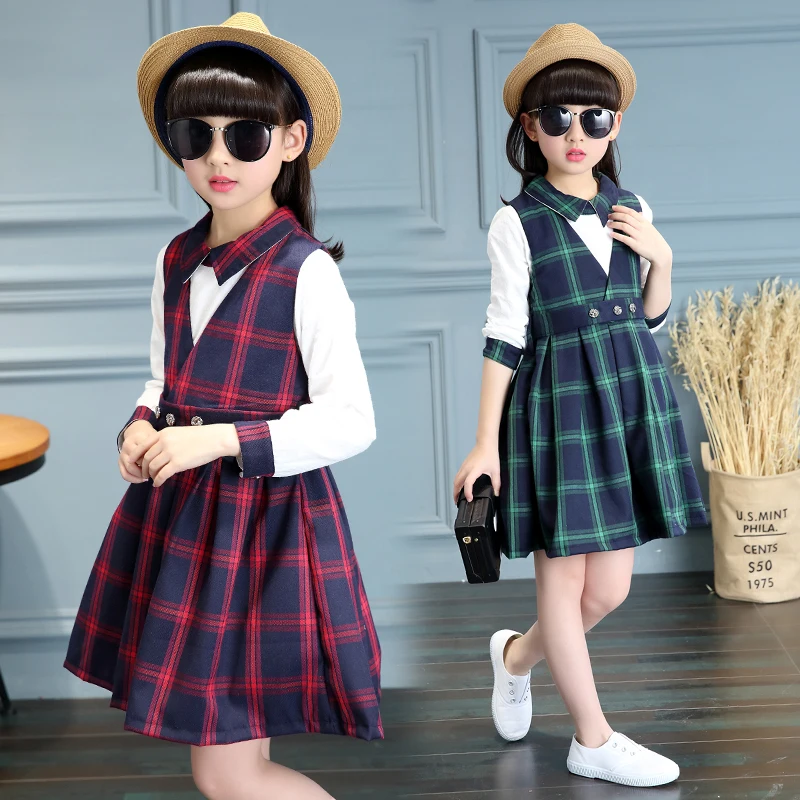 

Girl 2017 dress spring and autumn  version of the child long sleeve lattice t two sets of primary school students