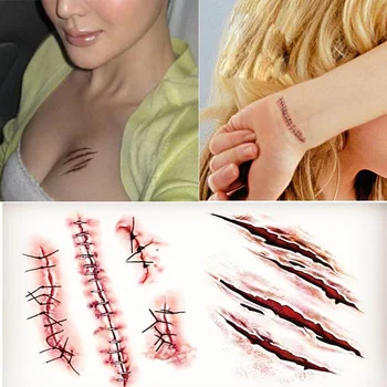 

New Halloween Bloody Bleeding Scary Scars Waterproof Temporary Tattoo Stickers 10.5*6 cm Scar blood Flash tattoos for men girl