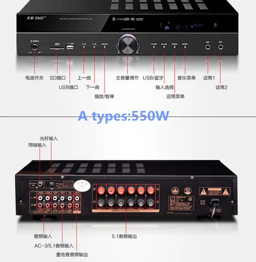 Su-122 550 Вт 5,1 канальный Hi-Fi AV усилитель Bluetooth домашний кинотеатр аудио усилитель караоке усилитель с светодиодный дисплей