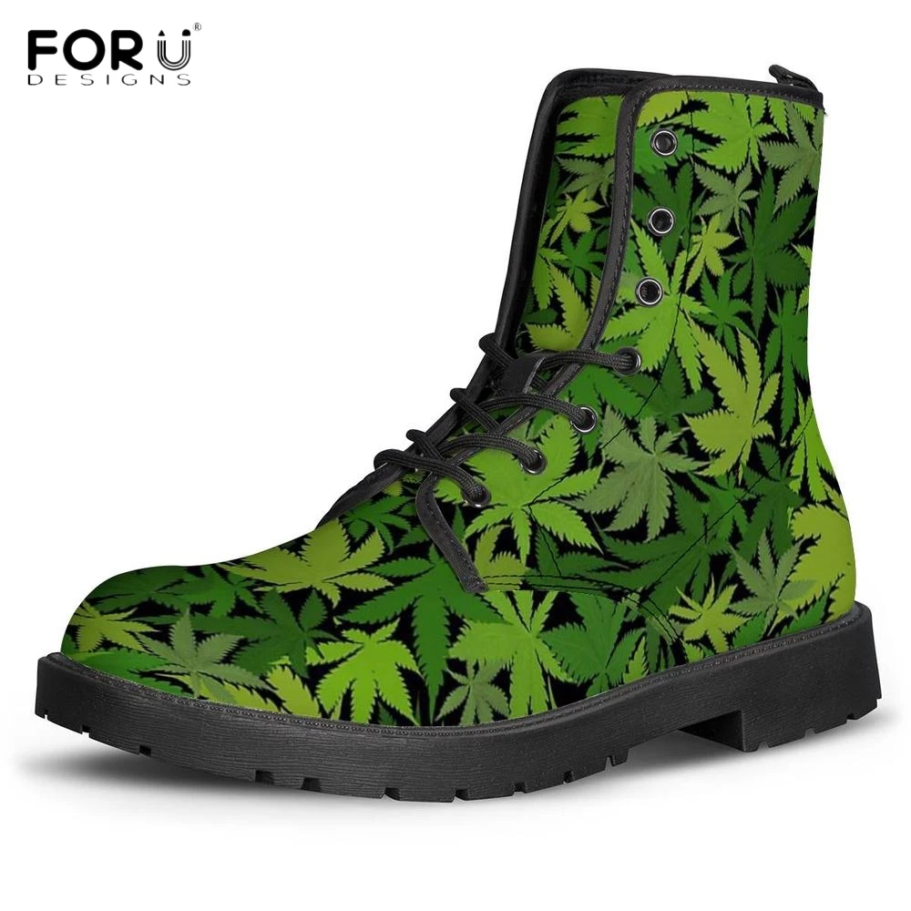 

FORUDESIGNS Green Weed Leaf/Maple Leaves Pattern Leather Boots Woman Round Toe Lace Up Autumn Winter Boot Mujer Botas Ankle Shoe