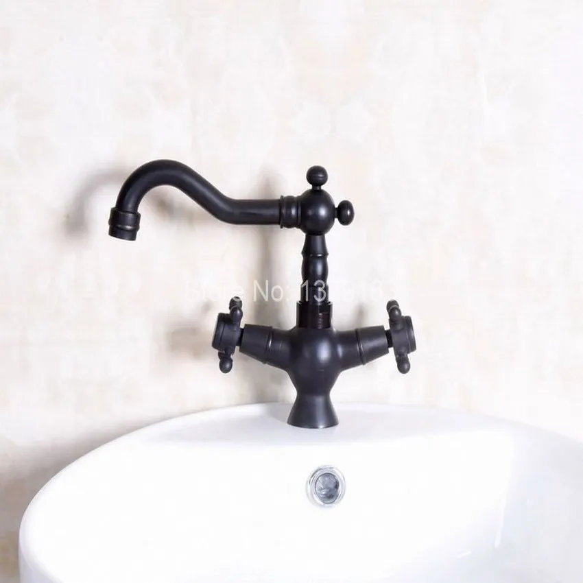 Oil Rubbed Bronze Black Color Single Hole Swivel Spout Kitchen Sink Bathroom Basin Faucet Two Cross