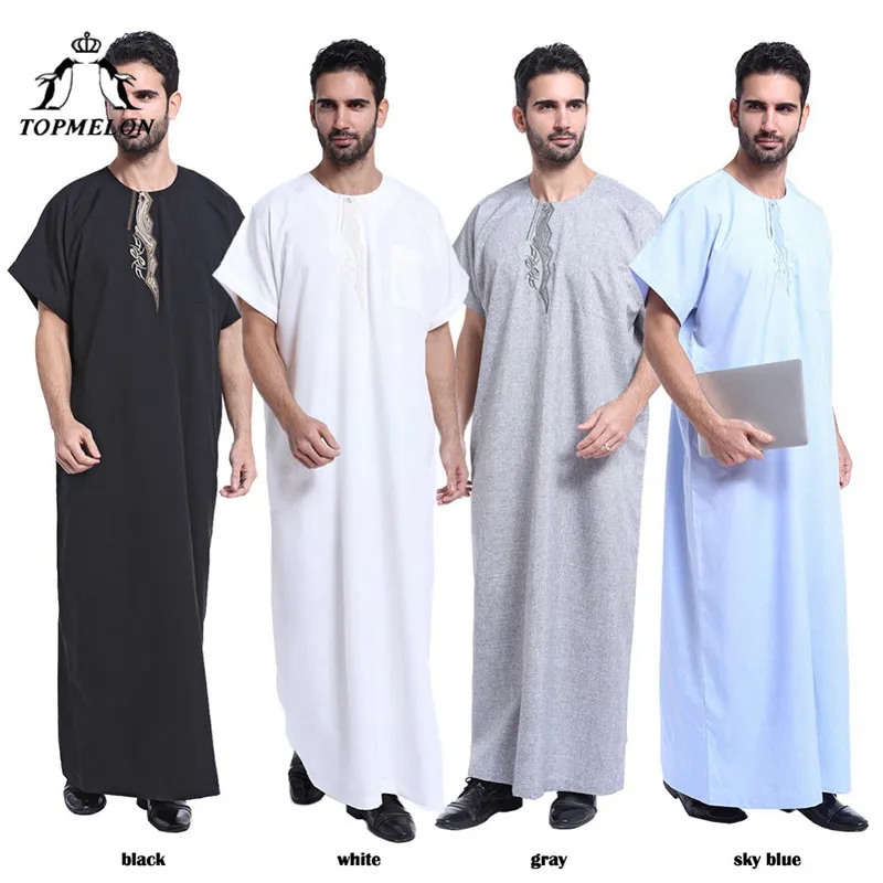 

TOPMELON 2018 islamic dress men Short Sleeve Loose Jubba Thobe Summer Pray Garment Muslim Arab Saudi Middle East Clothing
